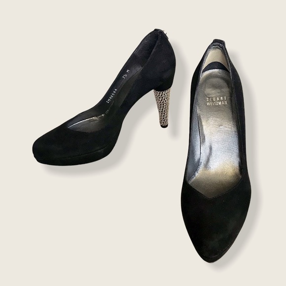 Stuart Weitzman Black Suede Chain Link Pump Heels - Picture 3 of 11